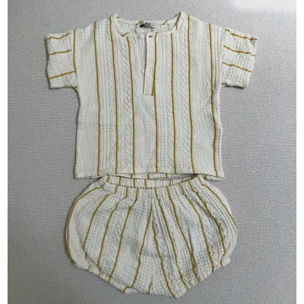 Bebe Organic "Levi" Waffle Top and Bloomers Set - Cream/Mustard Stripe